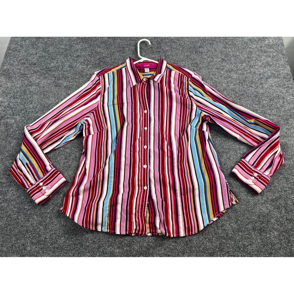 IZOD Womens Multi Color Striped Button Down Shirt Long Sleeve Size XL Red Pink